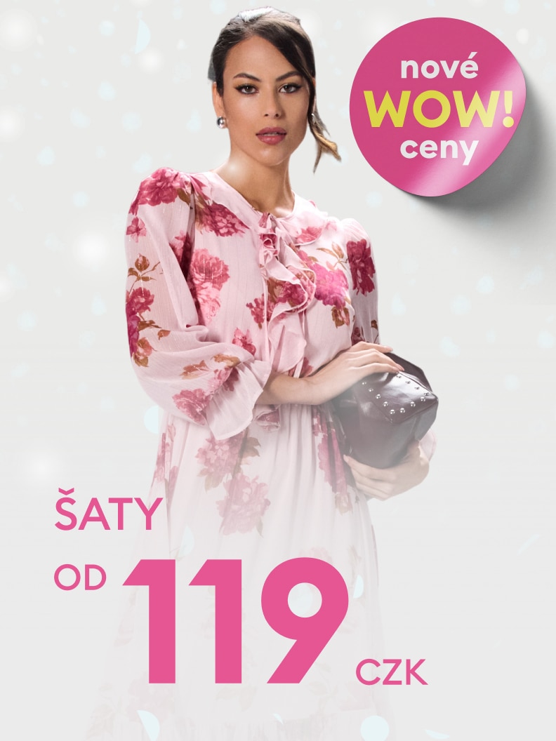Reklamní obrázek propaguje nové ceny, upozorňuje na dámské šaty dostupné od 119 Kč. V popředí je modelka držící kabelku. Nadpis zdůrazňuje „nové WOW ceny“. Poskytuje informaci o dostupnosti módních produktů za atraktivní cenu.