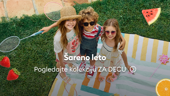 Promocija letnje kolekcije dečje odeće, prikazuje decu tokom igre na otvorenom i poziva na pregled ponude za decu.