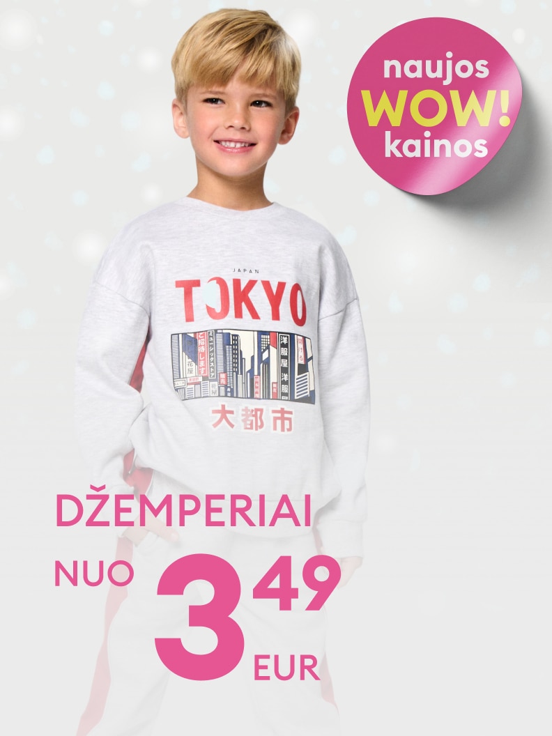 Džemperiai vaikams su užrašu „Tokyo“ už naują WOW kainą, pradedant nuo 3,49 EUR.