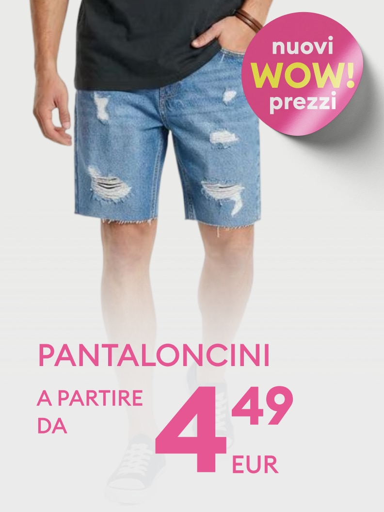 Promozione su pantaloncini in denim con prezzo di partenza vantaggioso, per informare sull’offerta disponibile e incentivare l’acquisto.