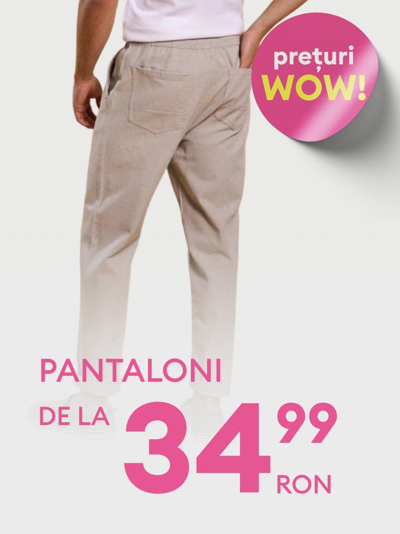Promovare pantaloni pentru bărbați la preț promoțional de 34,99 RON.