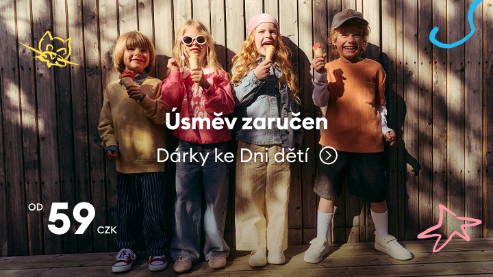 Propagační sdělení s dětmi upozorňující na nabídku dárků ke Dni dětí s dostupnou cenou od 59 Kč.