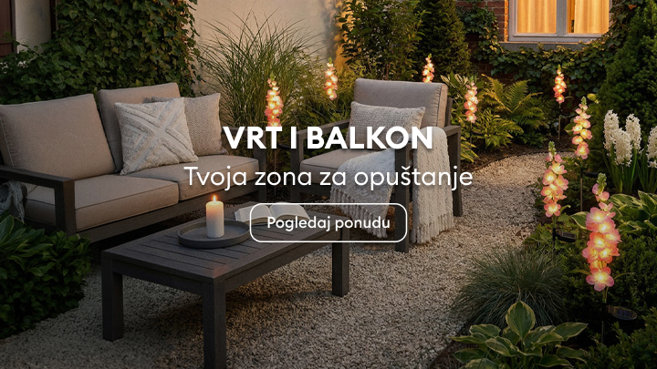 Promotivni prikaz uređenog vrta ili balkona kao prostora za opuštanje, namijenjen inspiriranju korisnika da istraže ponudu za stvaranje vlastite zone odmora.
