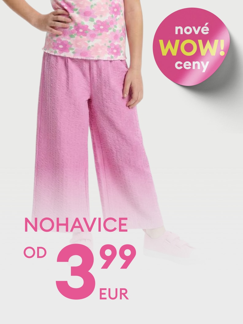 Propagačný obrázok informuje o akciovej ponuke detských nohavíc s novými zvýhodnenými cenami v rámci sezónnej kampane.