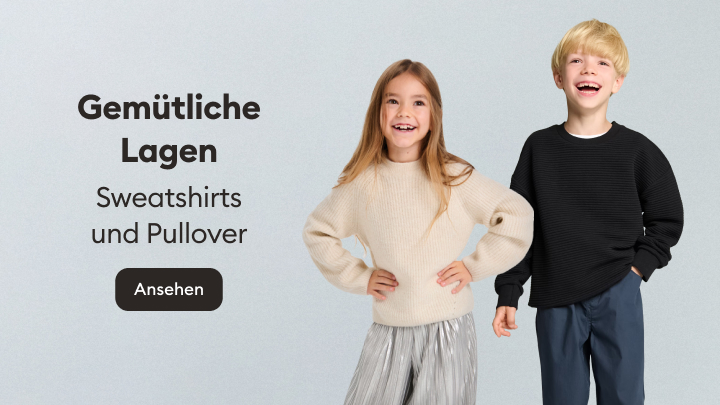 Gemütliche Lagen für Kinder: Präsentation von Sweatshirts und Pullovern. Perfekt für komfortables und stilvolles Herbst- und Winteroutfit. Jetzt ansehen und die neuen Lieblingskleidungsstücke entdecken.