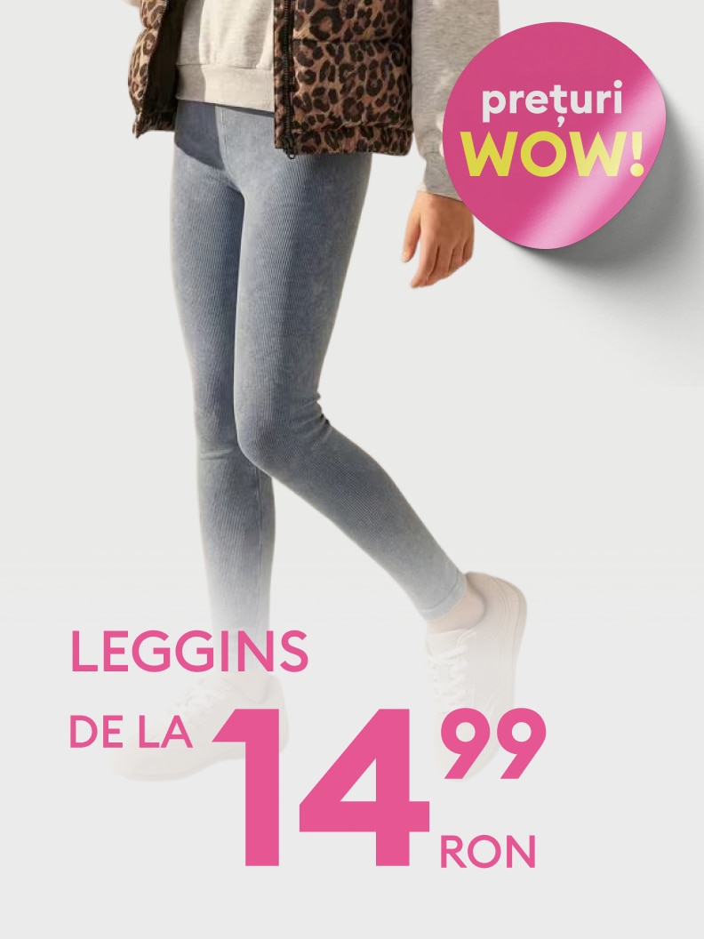 Promovare pentru colanți, comunicând o ofertă specială cu preț accesibil de 14,99 RON, destinată achiziției rapide în magazin.