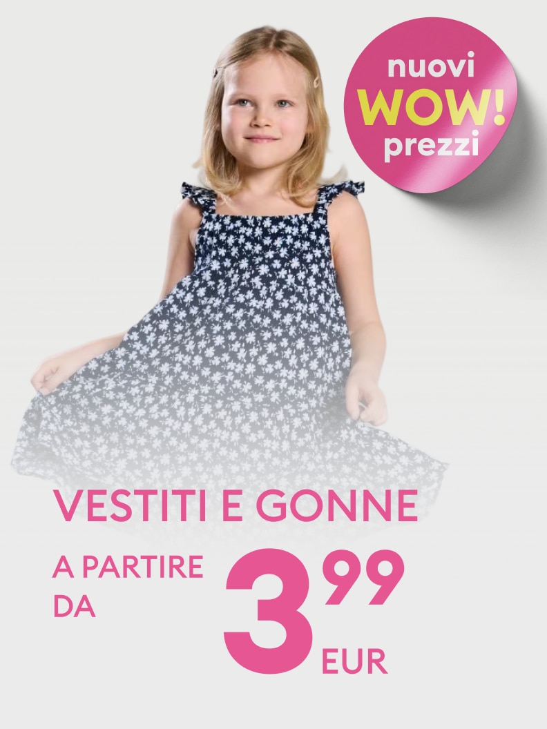 Promozione su abbigliamento bambina con vestiti e gonne a prezzo scontato, a partire da 3,99 €, che comunica nuove offerte convenienti.