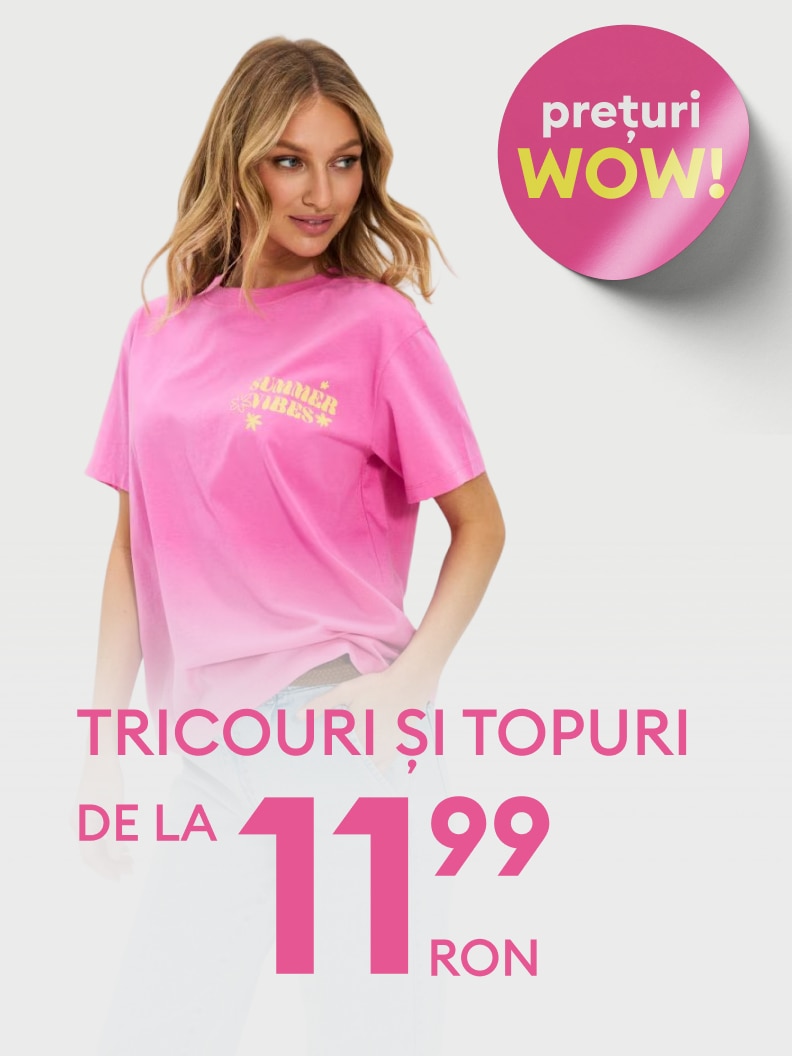 Promoție pentru tricouri și topuri, cu prețuri reduse, începând de la 11,99 RON, menită să evidențieze o ofertă avantajoasă pentru cumpărători.