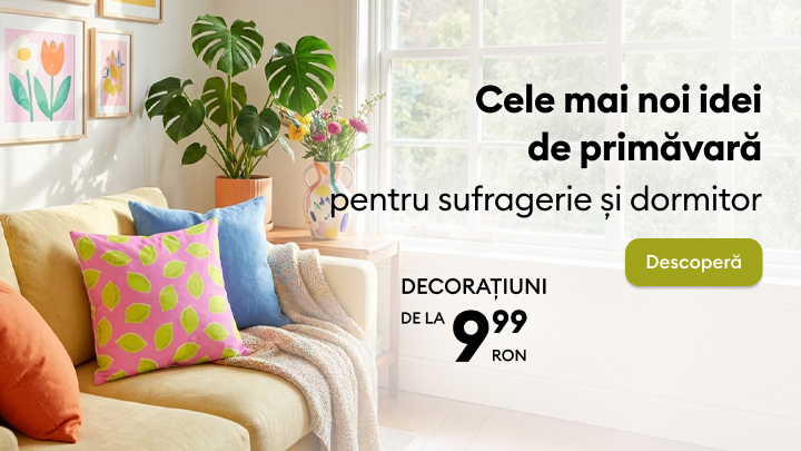 Promovează idei de decor de primăvară pentru sufragerie și dormitor, încurajând reîmprospătarea locuinței cu decorațiuni accesibile.