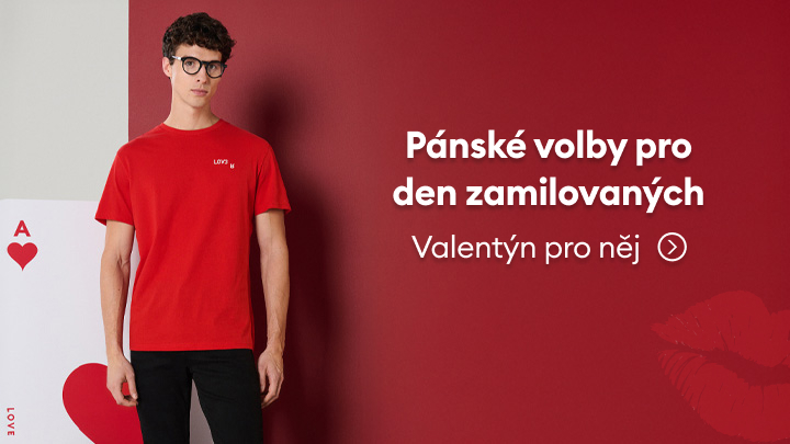 Pánské tipy na Valentýna: inspirace na dárky nebo stylizaci. Text vyzývá k prozkoumání možností na den zamilovaných s odkazem "Valentýn pro něj". Na obrázku se objevuje motiv lásky a valentýnské atmosféry.