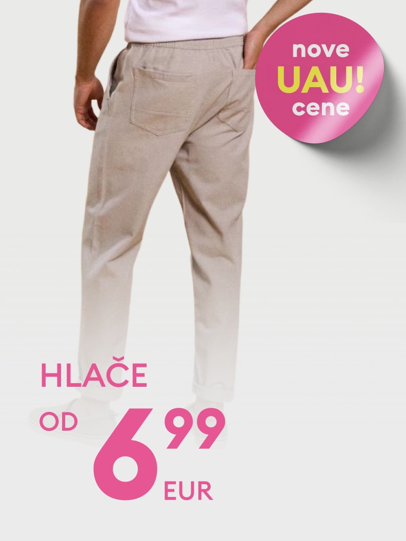 Promocija hlač z znižanimi, novimi cenami; ponudba se začne pri 6,99 EUR.