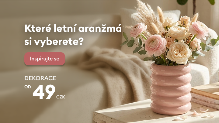 Propagační banner vyzývající k výběru letních dekorativních aranžmá a k inspiraci k nákupu, s informací o dostupných dekoracích za nízkou vstupní cenu.