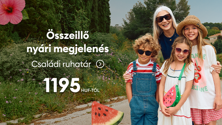 Nyári családi ruházati kollekciót népszerűsítő promóció, amely összeillő megjelenést kínál szülőknek és gyerekeknek, kedvező belépő ártól.