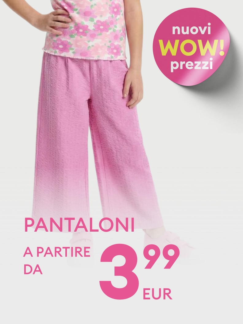 Promozione commerciale che comunica un’offerta su pantaloni per bambina con prezzi convenienti a partire da 3,99 euro, evidenziando nuove occasioni di acquisto vantaggiose.