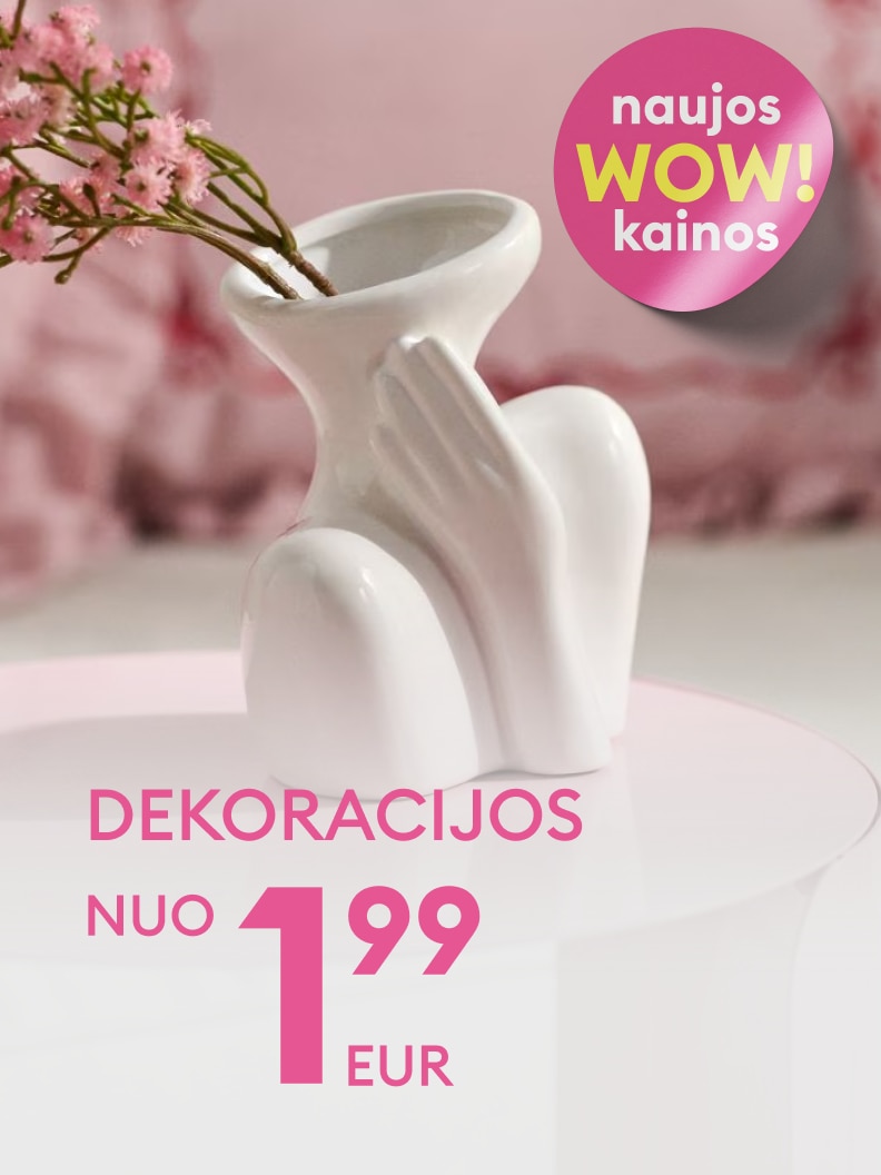 Dekoracijų pasiūlymas su naujomis akcijinėmis kainomis, skatinantis įsigyti interjero dekorą nuo 1,99 EUR.