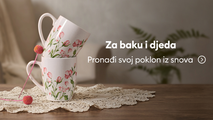 Šalice s cvjetnim uzorkom savršene kao poklon za baku i djeda. Natpis na slici poziva da pronađete idealan dar iz snova.