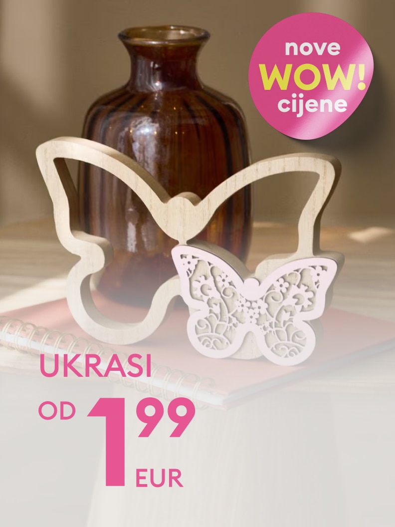 Promotivna poruka o ponudi ukrasnih dekoracija za dom dostupnih po sniženoj, povoljnoj cijeni.