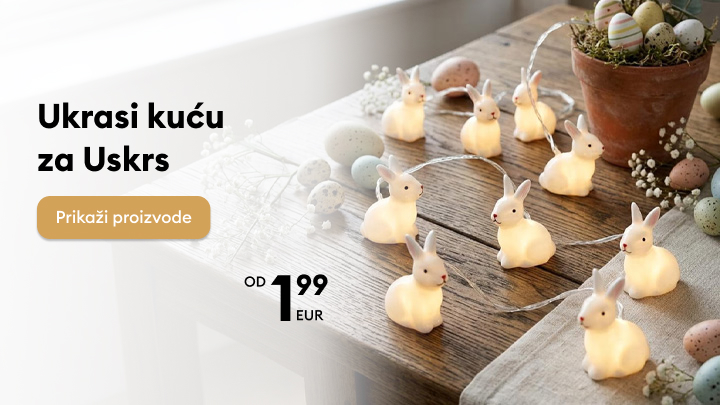 Promotivni prikaz uskrsnih dekoracija za uređenje interijera, namijenjen inspiriranju i poticanju korisnika na pregled ponude proizvoda.