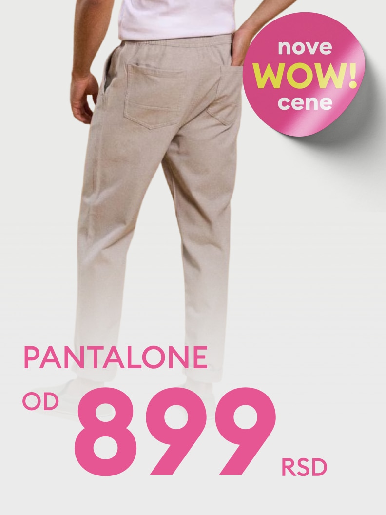 Promotivna ponuda muških pantalona sa sniženom cenom, namenjena da istakne povoljnu kupovinu u okviru aktuelne prodajne akcije.