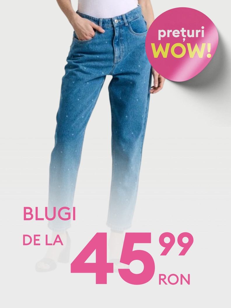 Promovare pentru blugi de damă, evidențiind o ofertă specială cu preț redus, destinată atragerii atenției asupra unei promoții avantajoase.
