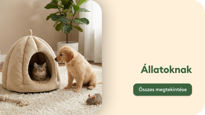 Háziállatok számára készült termékek bemutatása, a kényelmes és biztonságos otthoni pihenés és gondoskodás hangsúlyozásával.