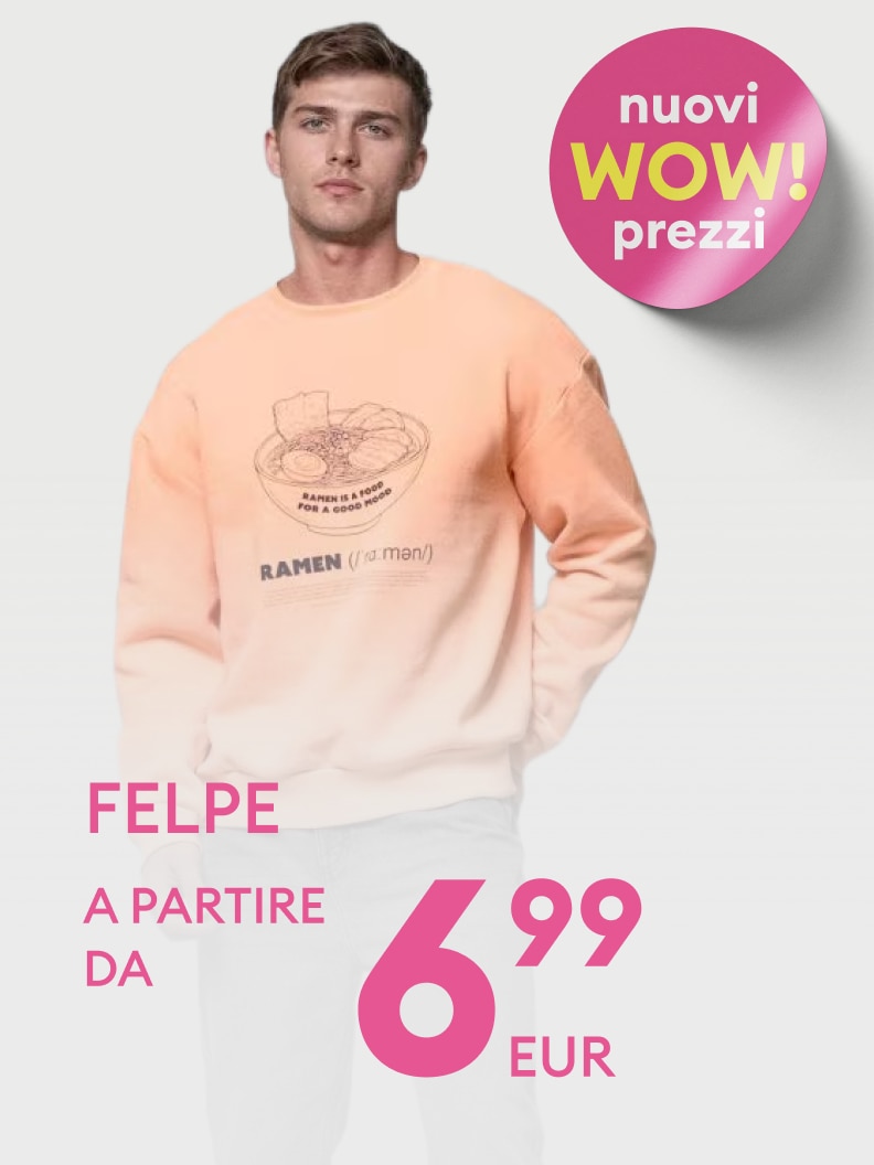 Promozione su felpe da uomo con nuovi prezzi vantaggiosi, a partire da 6,99 euro, per incentivare l’acquisto di capi casual.