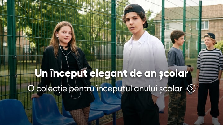 Colecție de haine pentru începutul anului școlar, prezentând ținute moderne pentru adolescenți în mediul școlar exterior