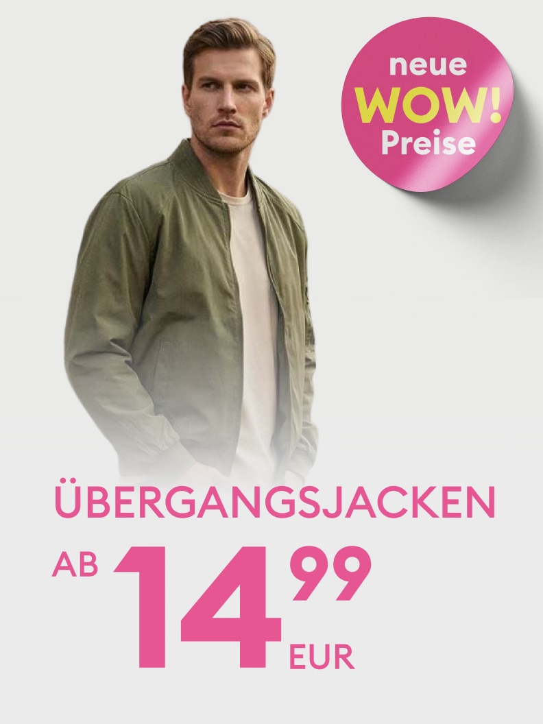 Werbung für Herren‑Übergangsjacken mit neuen Aktionspreisen; präsentiert ein Modell und kommuniziert einen Einstiegspreis von 14,99 EUR.