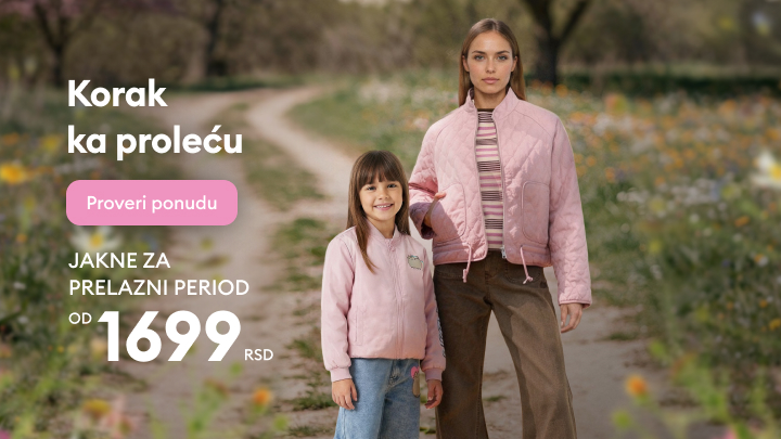 Reklama za prolećne jakne za prelazni period, namenjene odraslima i deci, sa naglaskom na porodičnu upotrebu i sezonsku ponudu.