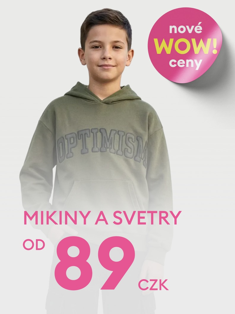 Reklama na dětské mikiny a svetry s akční nabídkou a novými sníženými cenami od 89 Kč, určené pro každodenní nošení.
