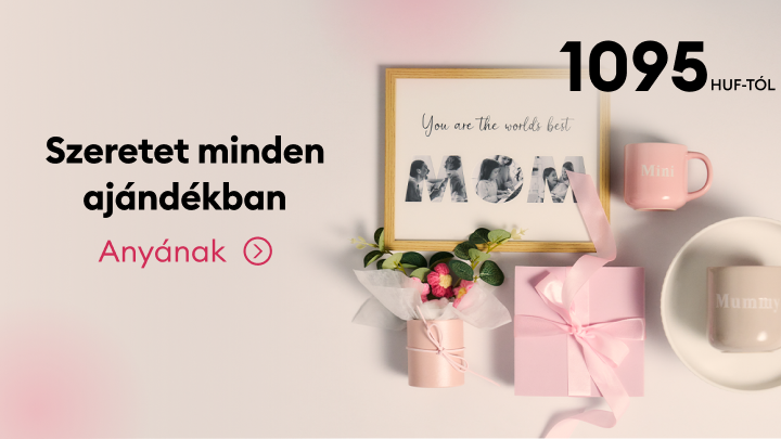 Anyák napi ajándékötletek bemutatása, a szeretet kifejezésére szánt személyes meglepetésekkel, amelyek már 1095 HUF-tól elérhetők.