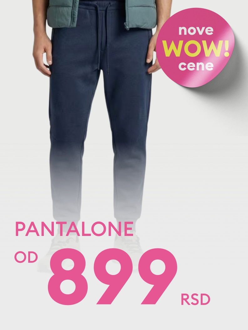 Promotivna ponuda pantalona po sniženoj ceni, istaknuta kao nova WOW akcija, sa početnom cenom od 899 dinara.