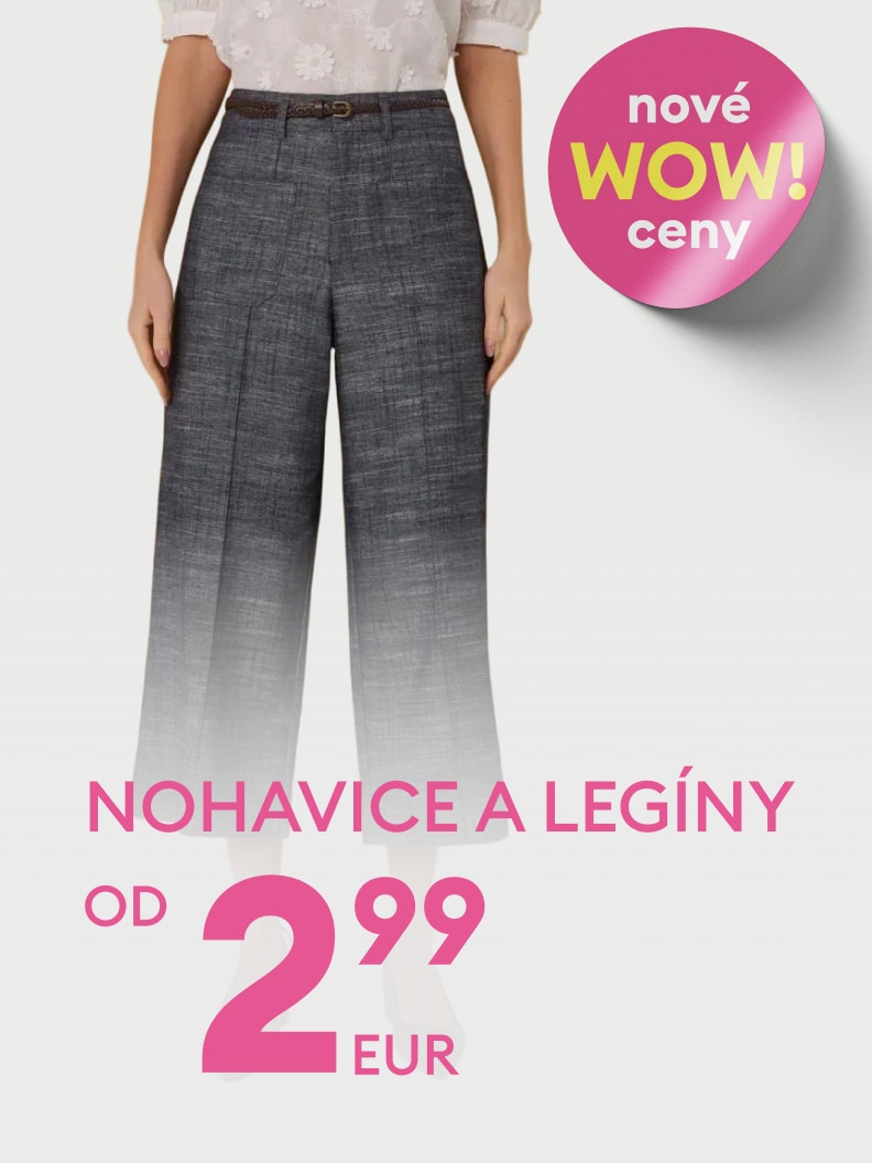 Propagačný banner oznamujúci novú akciovú ponuku nohavíc a legín za výhodné ceny.