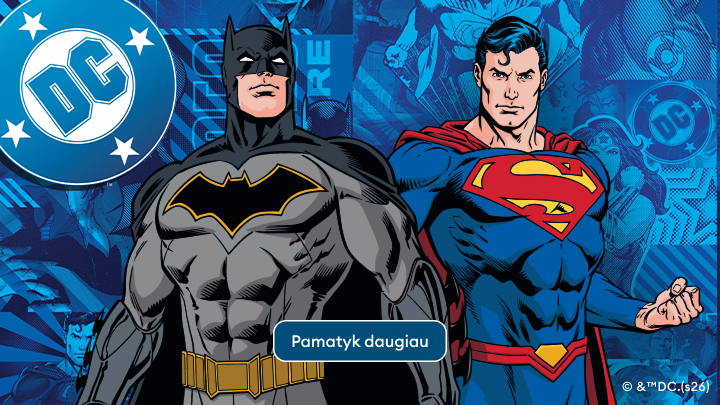 „Du dviejų superherojų – Betmeno ir Supermeno – iliustracija su DC logotipu. Centre mygtukas kviečia matyti daugiau informacijos. Iliustracija skirta popkultūros pasaulio mėgėjams.“