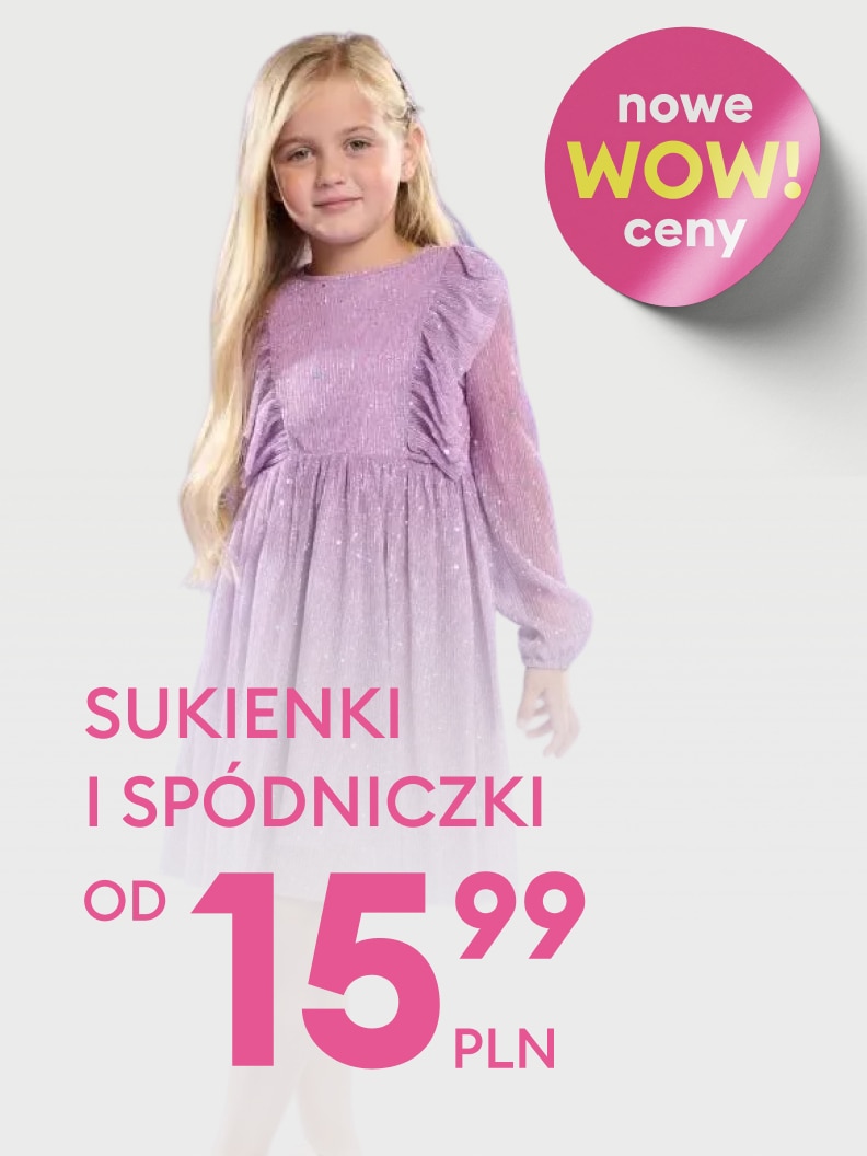 Nowa promocja na sukienki i spódniczki dla dzieci od 15,99 zł. Atrakcyjne ceny i modne fasony podkreślone hasłem „Nowe WOW ceny”. Oferta skierowana do osób poszukujących eleganckich ubrań w przystępnej cenie.