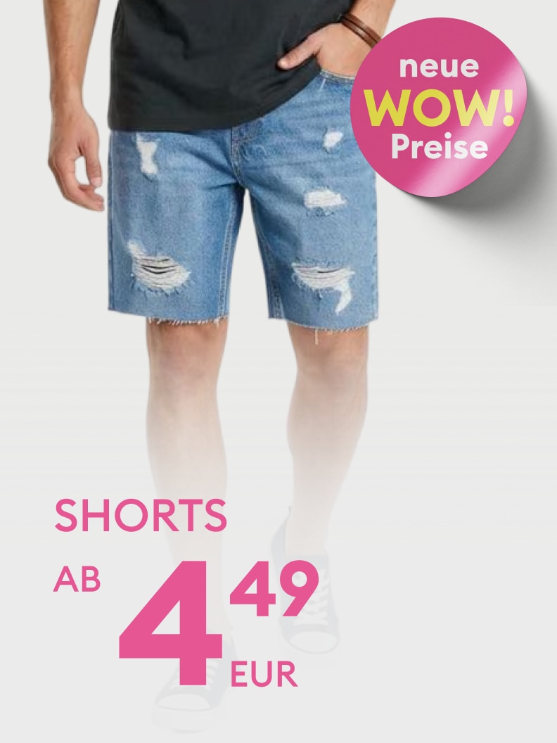 Werbegrafik zur Promotion von Herren-Shorts mit Sonderangebot und Hinweis auf neue reduzierte Preise.