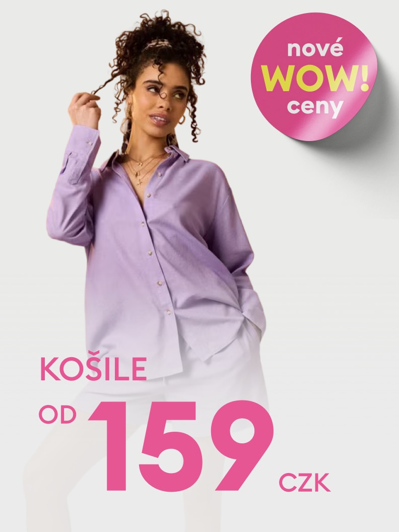 Propagace akční nabídky dámských košil s novými, výrazně sníženými cenami, zdůrazňující dostupnost a styl pro každodenní nošení.