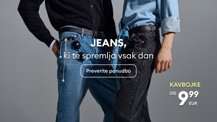 Promocijski oglas za kavbojke za vsakodnevno nošenje, ki poudarja dostopnost in vabi k ogledu ponudbe.