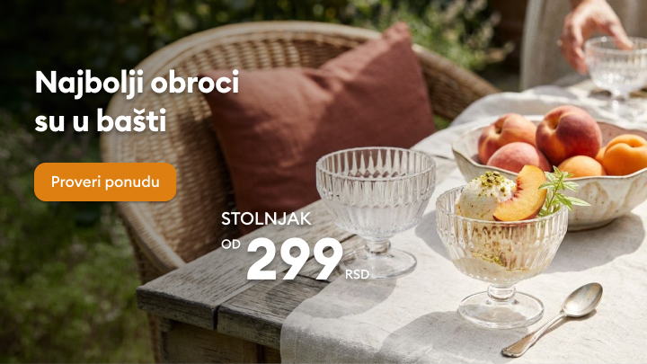 Promocija stonog posuđa za obroke u bašti, uz istaknutu povoljnu cenu i poziv da se proveri ponuda.