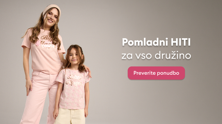 Promocijski vizual za spomladno kolekcijo oblačil za vso družino z vabilom k ogledu ponudbe.