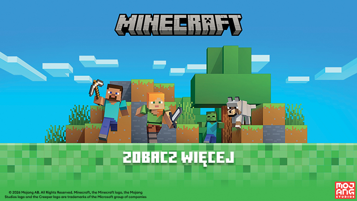Promocja gry Minecraft, przedstawiająca jej świat i bohaterów, z celem zachęcenia użytkownika do poznania gry i przejścia do dodatkowych informacji lub treści.