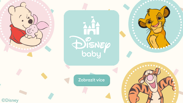 Propagace kolekce Disney Baby s oblíbenými postavami, která uživatele vede k prohlédnutí nabídky produktů pro miminka.