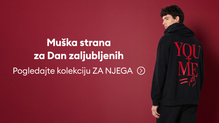 Muška kolekcija za Dan zaljubljenih. Natpis na dukserici s porukom "YOU & ME". Poziv na pregled kolekcije Za Njega kako biste pronašli idealan poklon za voljenu osobu.