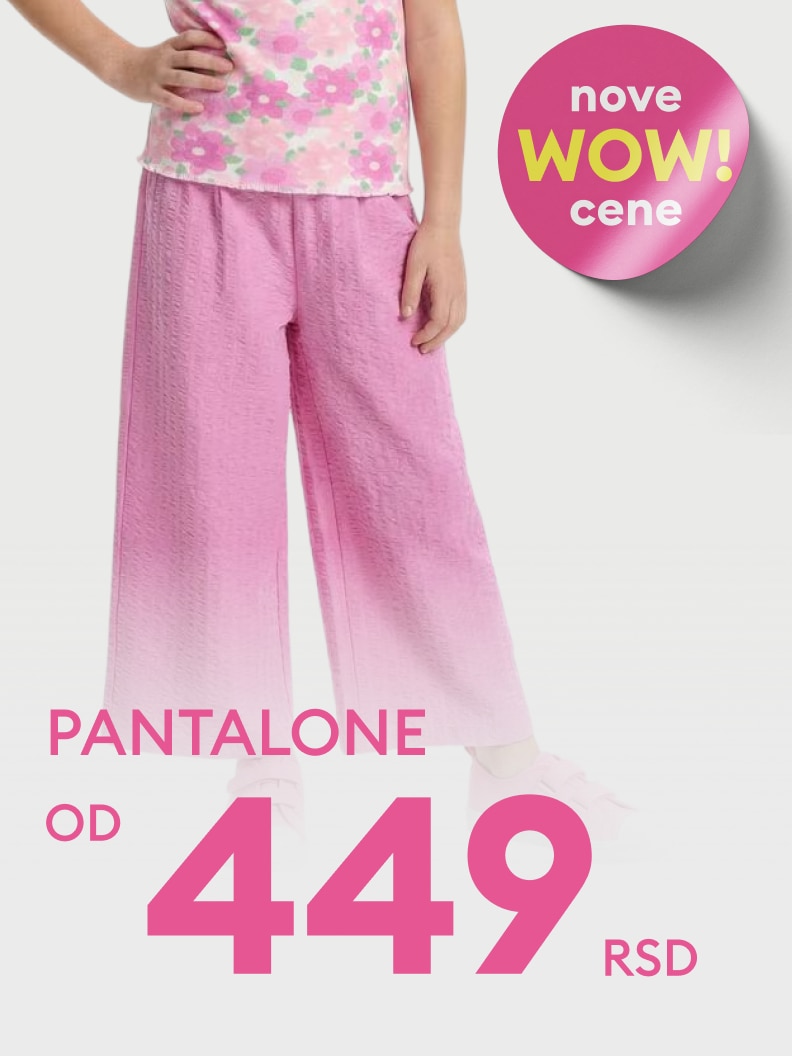 Promocija dečjih pantalona sa sniženom cenom, namenjena informisanju kupaca o povoljnoj ponudi u prodavnici.