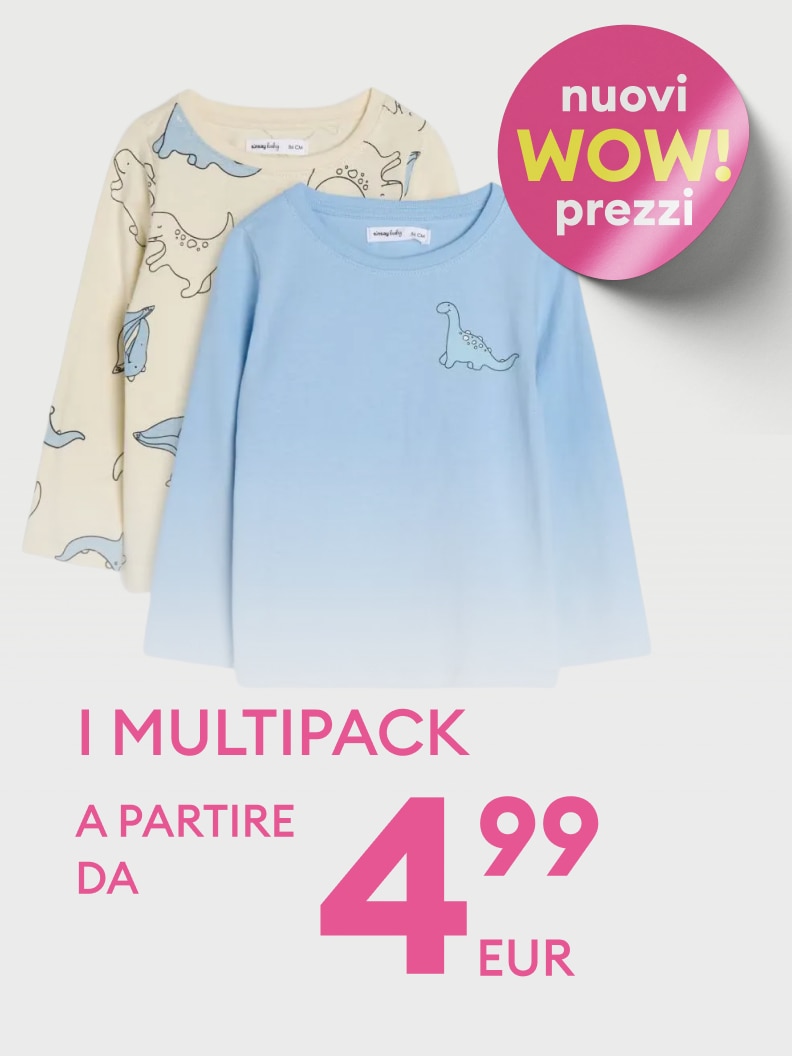 Promozione su multipack di maglie per bambini, pensata per comunicare un’offerta conveniente con più capi coordinati a un prezzo ridotto.