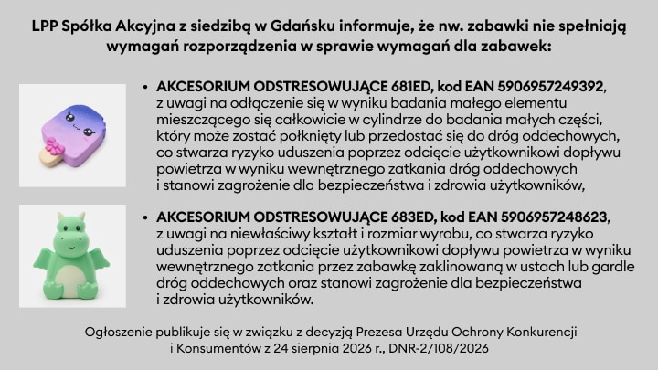 Komunikat LPP o wycofaniu dwóch zabawek antystresowych niespełniających wymagań bezpieczeństwa z powodu ryzyka zadławienia i uduszenia u dzieci.