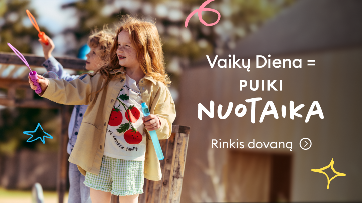 Vaikų dienos proga skatinama rinktis dovaną, perteikiant džiugią vaikų nuotaiką ir žaidimo džiaugsmą.