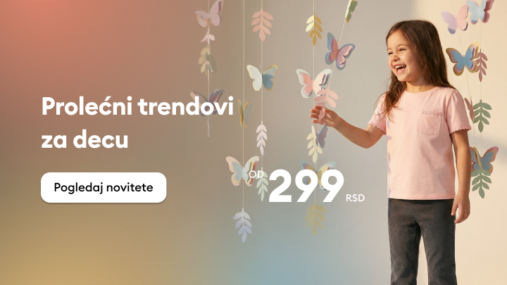 Promocija prolećnih modnih trendova za decu, sa naglaskom na povoljnu ponudu i cenama od 299 RSD, uz poziv da se istraže novi artikli.