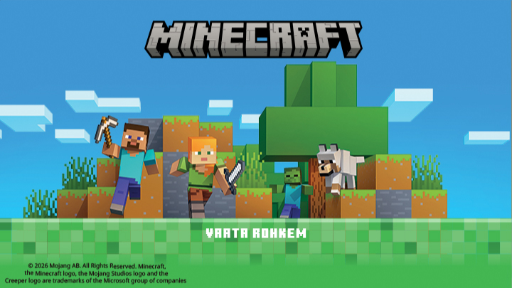 Kolm tegelast Minecrafti maailmas: mees kirvega, naine mõõgaga ja koletis. Nende kõrval koer. Taustal muru, kivid ja puu. Seikluslik stseen vihjab mängu tegevusmaailmale, kus saab uurida, ehitada ja teistega suhelda.