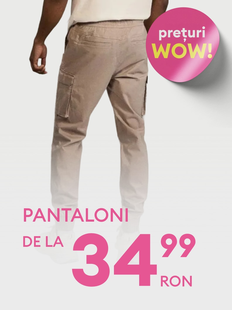 Ofertă promoțională pentru pantaloni, evidențiind un preț avantajos destinat atragerii cumpărătorilor interesați de reduceri.
